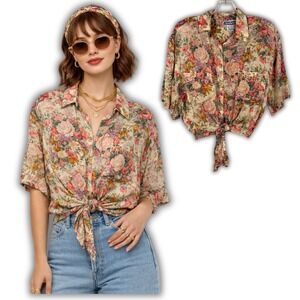 Vintage 80s Rene Derhy Floral Button Down Shirt Tie Front Short Sleeve Women S